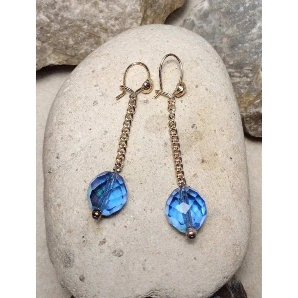 Blue Crystal Bead Gold Plated Chain Drop Dangle Earrings